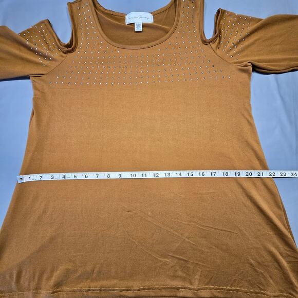 French Laundry Brown Cold Shoulder Shirt Stretch Studded Preppy Y2K Women Size L - Picture 6 of 12